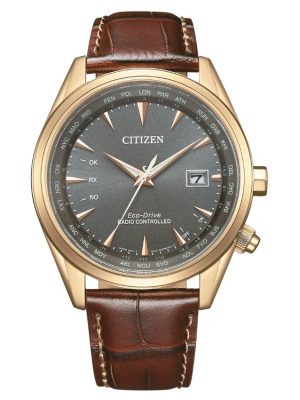 Brand: Citizen
Gender: Men
Case Material: Stainless Steel with Rose Gold Plating
Case Diameter: 43 mm
Case Thickness: 10 mm
Case Color: Rose Gold-Tone
Dial Color: Grey
Glass Material: Sapphire Crystal
Strap Material: Calf Leather
Strap Color: Dark Brown
Strap Lug Width: 22 mm
Clasp Type: Deployment Clasp with Push Button
Water Resistance: 10 bar (100 meters)

Functions:
Date Display
Perpetual Calendar
World Time in 26 Cities
Power Reserve Indicator
Shock Detection Function
Insufficient Charge Warning Function
Overcharge Prevention Function
Power Saving Function
Power Reserve: Approximately 180 days (6 months) on full charge
Movement: Eco-Drive (Caliber H145)
Signal Reception: Global Radio-Controlled (EUR, JPY, USA, )