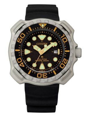 COLLECTION: Promaster Marine
TECHNOLOGY: Eco-Drive
CASE MATERIAL: Titanium
DIAL: BLACK
CASE SIZE (MM): 46.5
BAND: Polyurethane Strap, Buckle
GLASS: Mineral Crystal
WATER RESISTANCE:200M/20Bar [Scuba Diving]
FUNCTIONS: Calibre E168, ISO Diver Certified, 3-Hand, Date, One Way Bezel, Screw lock crown, 6 months power reserve, Low charge indicator.